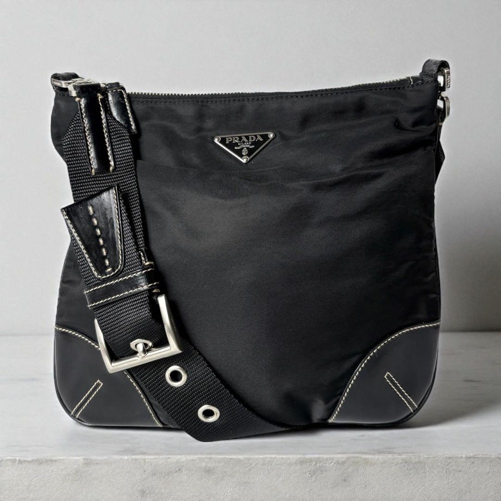 Prada Triangle Logo Leather and Nylon Crossbody Shoulder Bag