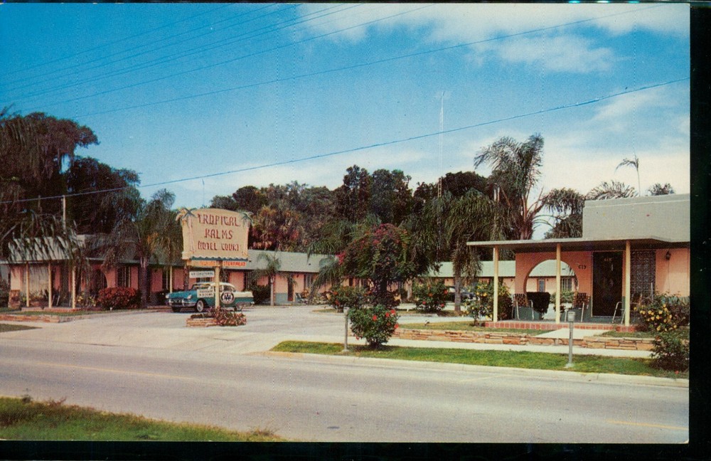 Tropical Palms Hotel Court Daytona Beach Florida Vintage Postcard