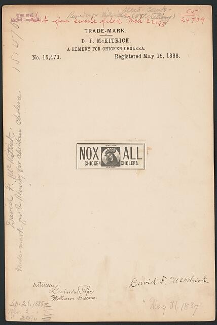 D. F. McKitrick for Noxall Chicken Cholera. brand A Remedy for Chicken Cholera