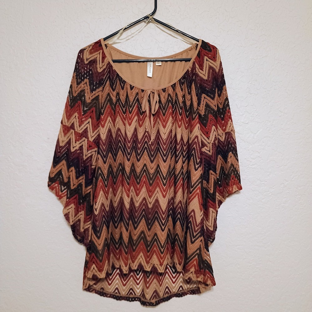 TACERA 3X Boho Chevron Lace Tunic Top Plus Size Kimono Sleeve Crochet Fall