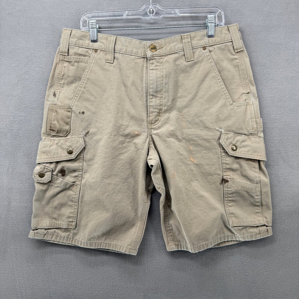 Carhartt Mens 36 Relaxed Fit Ripstop Cargo Work Shorts Desert Tan Distressed