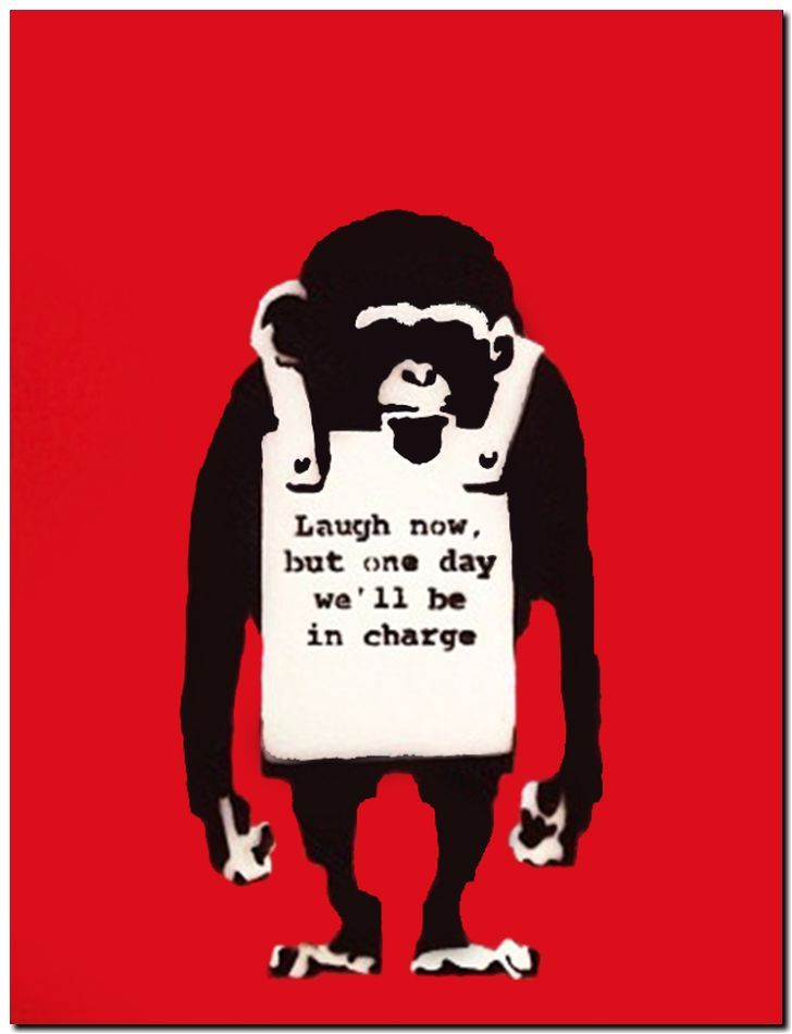 BANKSY STREET ART *FRAMED* CANVAS PRINT Monkey laugh now red 18x12