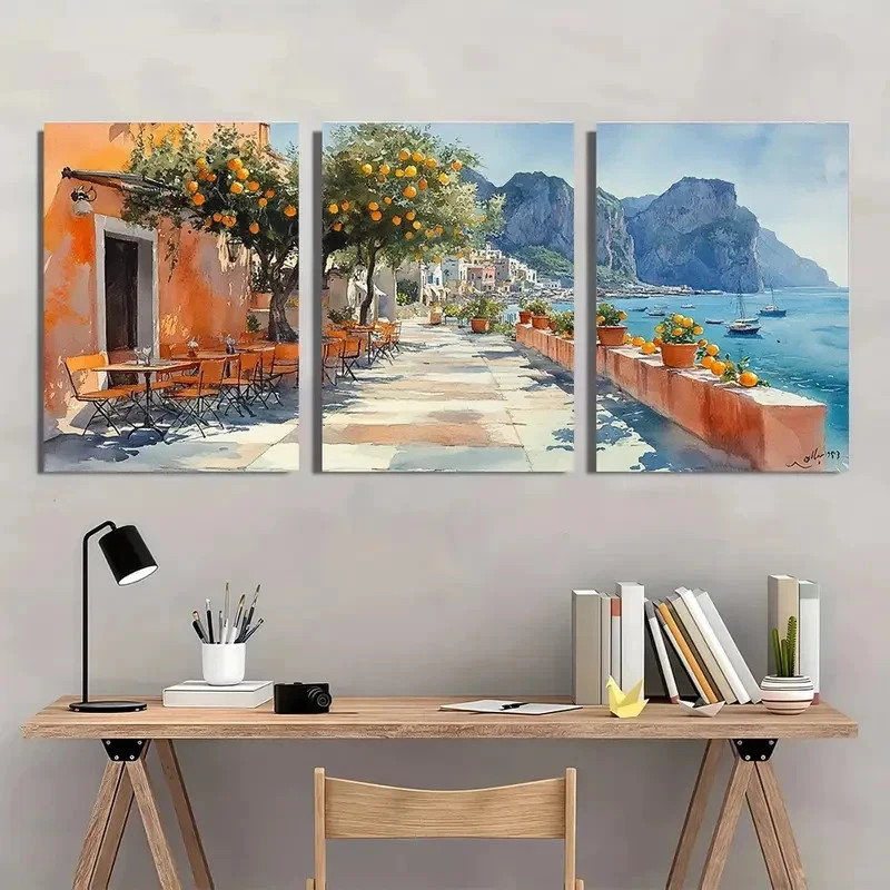 3pcs Italian Lemon Tree Cityscape Framed Canvas Wall Art 50x70cm