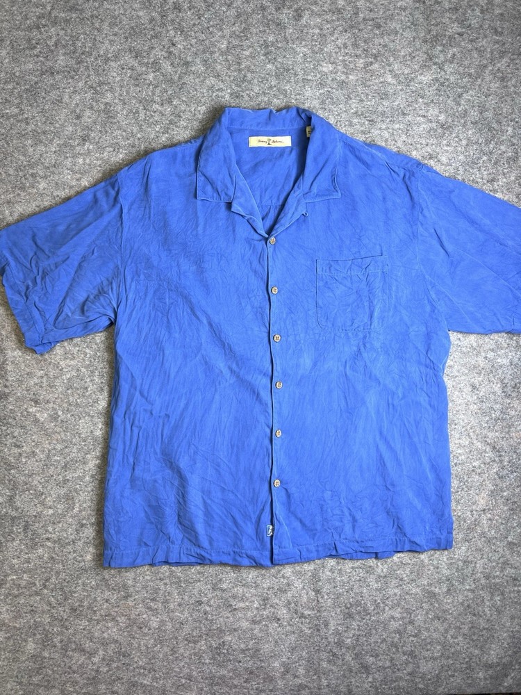 Tommy Bahama Shirt Mens Size XL Blue Silk Short Sleeve Camp Button Up Relaxed