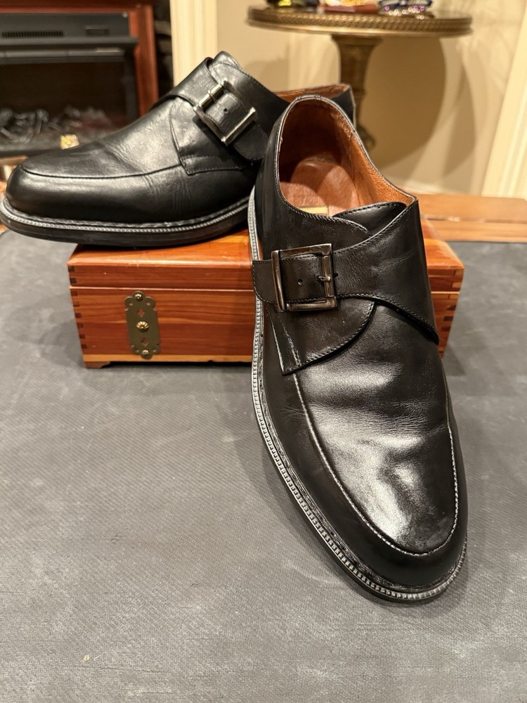 Johnston & Murphy Black Leather Monk Strap Men's Dress Shoes Buckle Almond Toe