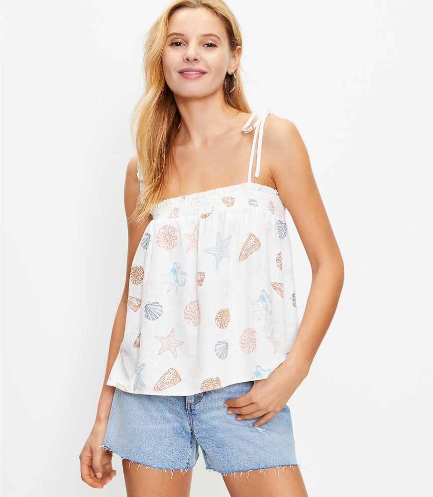 Loft Beachy Seashells Smocked Cami Tank Blouse Flirty Vacation NEW Size XS