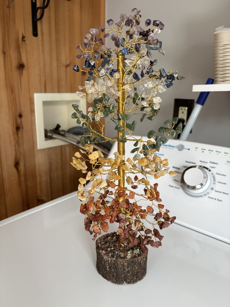 Multicolor Gemstone Wire Tree Figurine Sculpture with Wood Base, Art Abstract-image