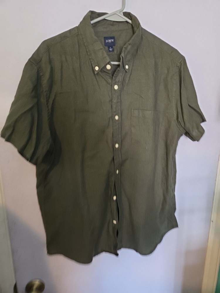 Vintage J.Crew 100% Linen Short Sleeve Shirt Olive Green Men’s L 16-16.5 coastal