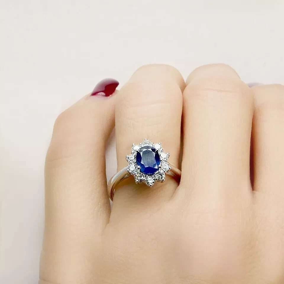 3.00 Ct Oval Cut Natural Sapphire & Diamond Wedding Ring 14K White Gold Solid