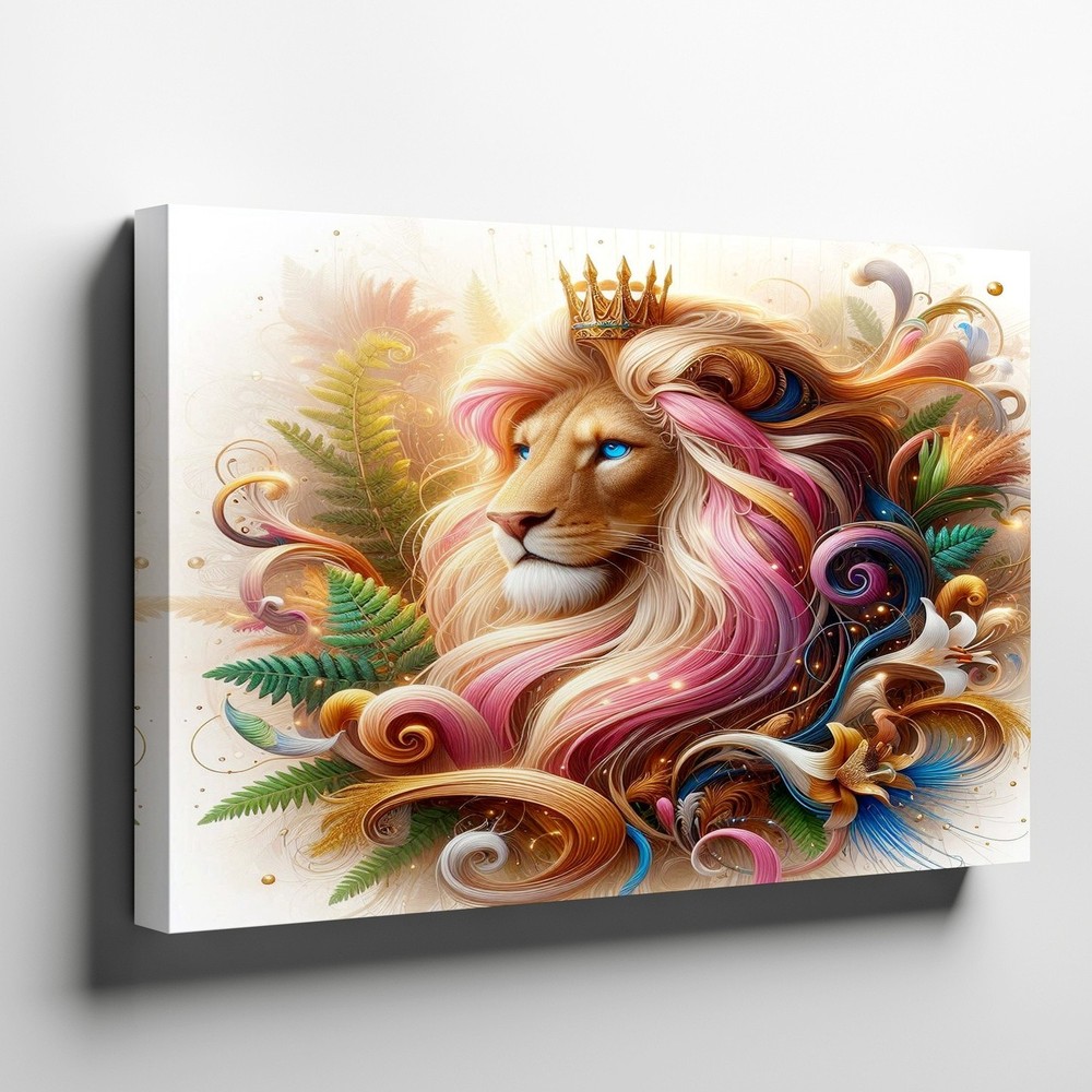 Colorful Lion Canvas Wall Art with Crown and Abstract Floral Design Print Decor-image