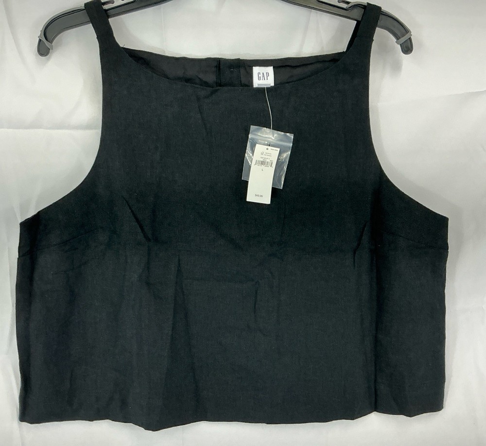 NWT Gap Women's Black Linen Blend Large Cropped Button Back Tank Top