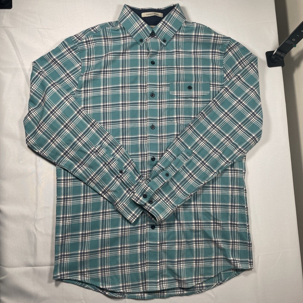 LL Bean Plaid Flannel Shirt Men’s Blue Green Black Slightly Fitted 298167