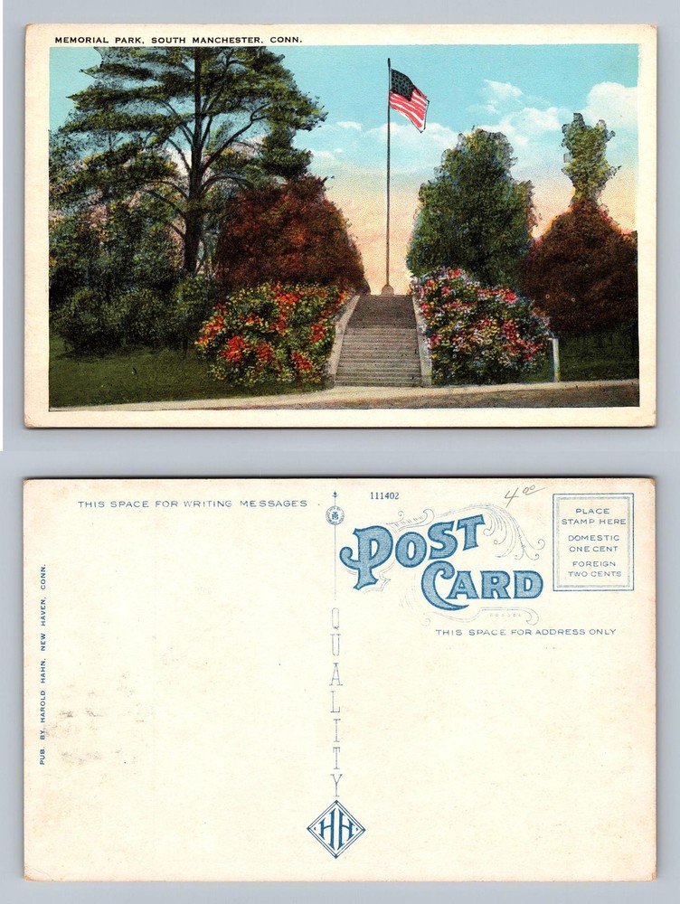 S Manchester, CT-Connecticut, Memorial Park Flag Steps PC Vintage Postcard
