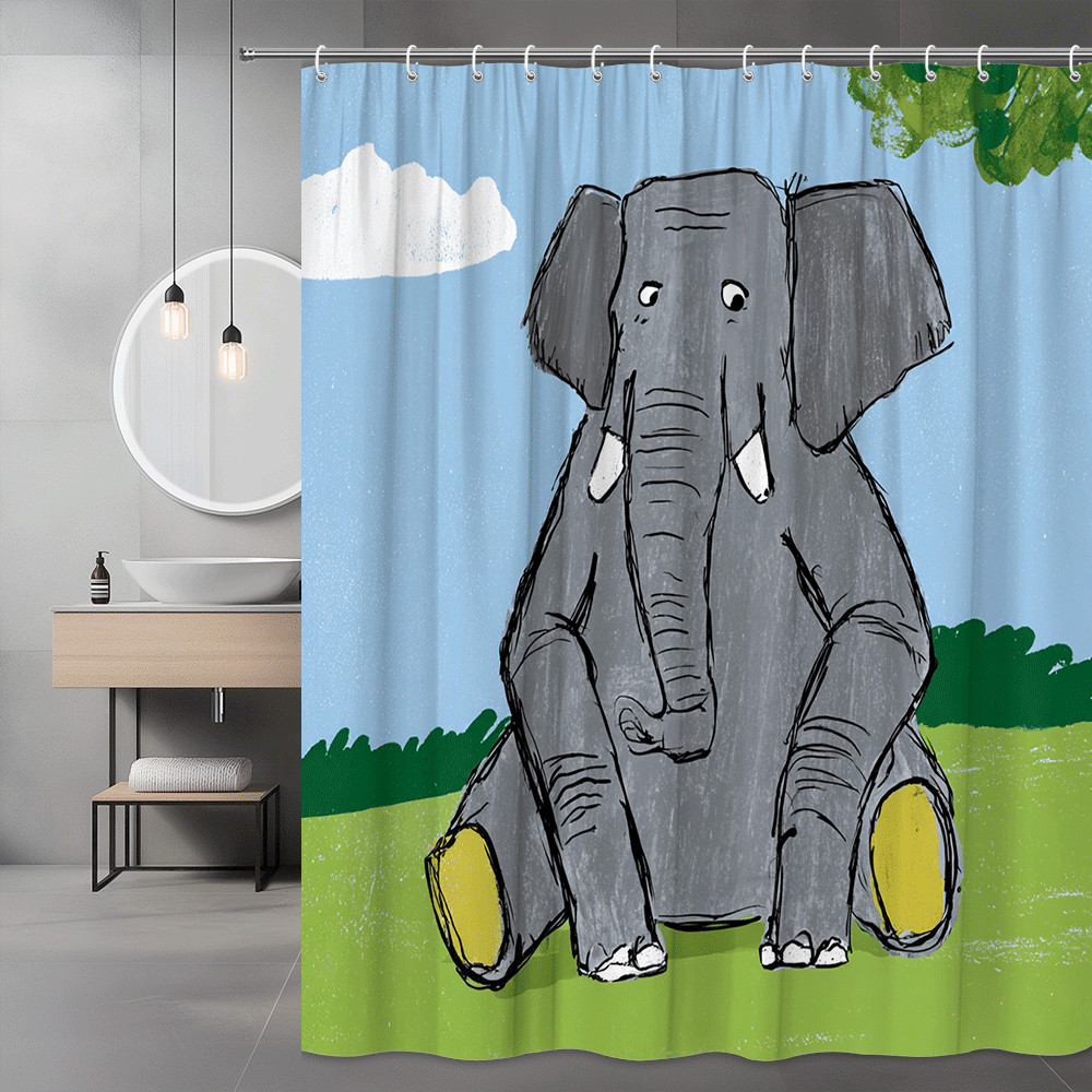 Elephant Shower Curtain Cartoon Safari Sky Grass Print