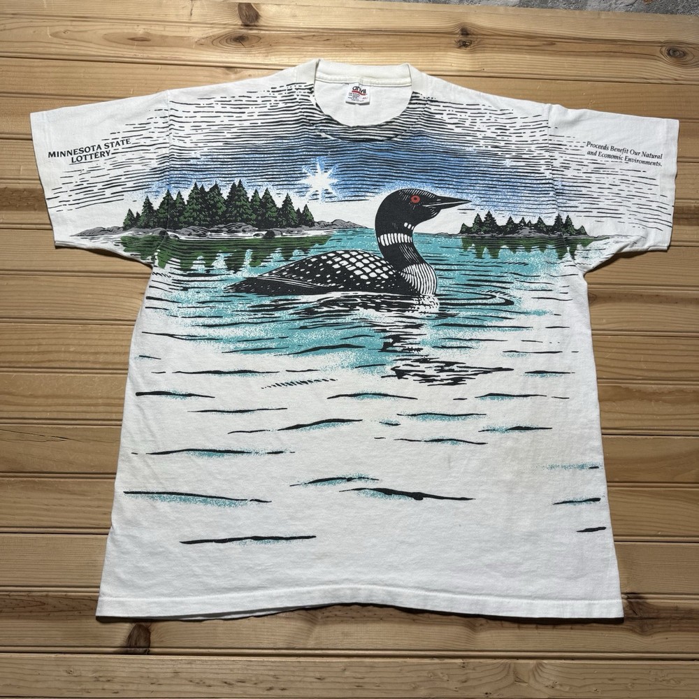 Vintage 90s Minnesota State Lottery Loon Wildlife Nature Souvenir Shirt Size XL