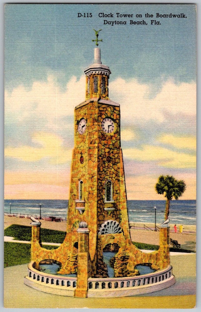 Vtg Linen Postcard Boardwalk Clock Tower Daytona Beach, FL 1930s