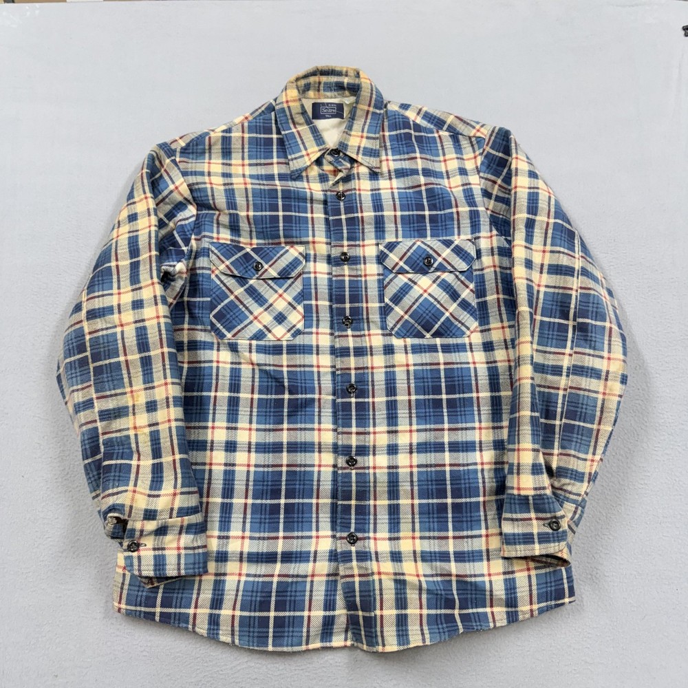 Vintage Sears Shirt Mens LT Blue Plaid Quilted Lined Flannel Button Up Workwear