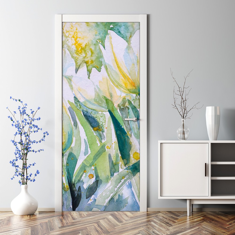 Door Decal Painting of White Tulips In Sunny Garden Watercolour Abstract Decor