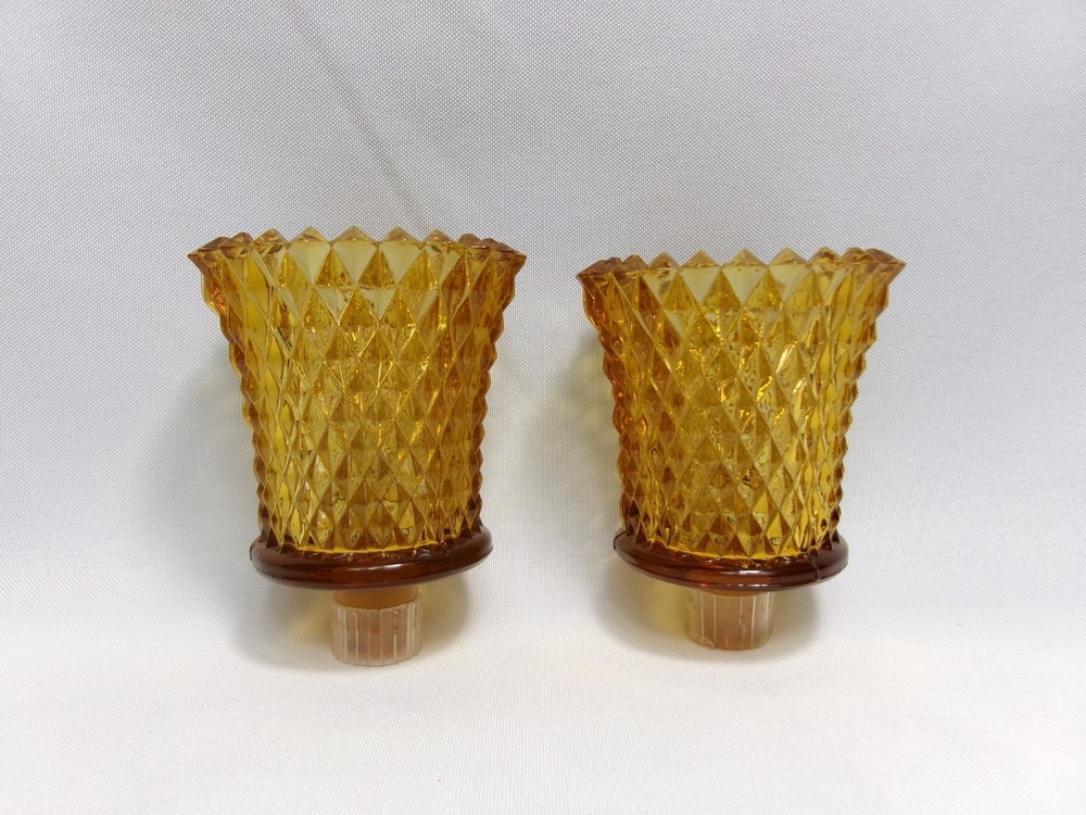 Set/2- Diamond Amber Glass Vintage Votive Cup Peg Candle Holders for Sconces (D)