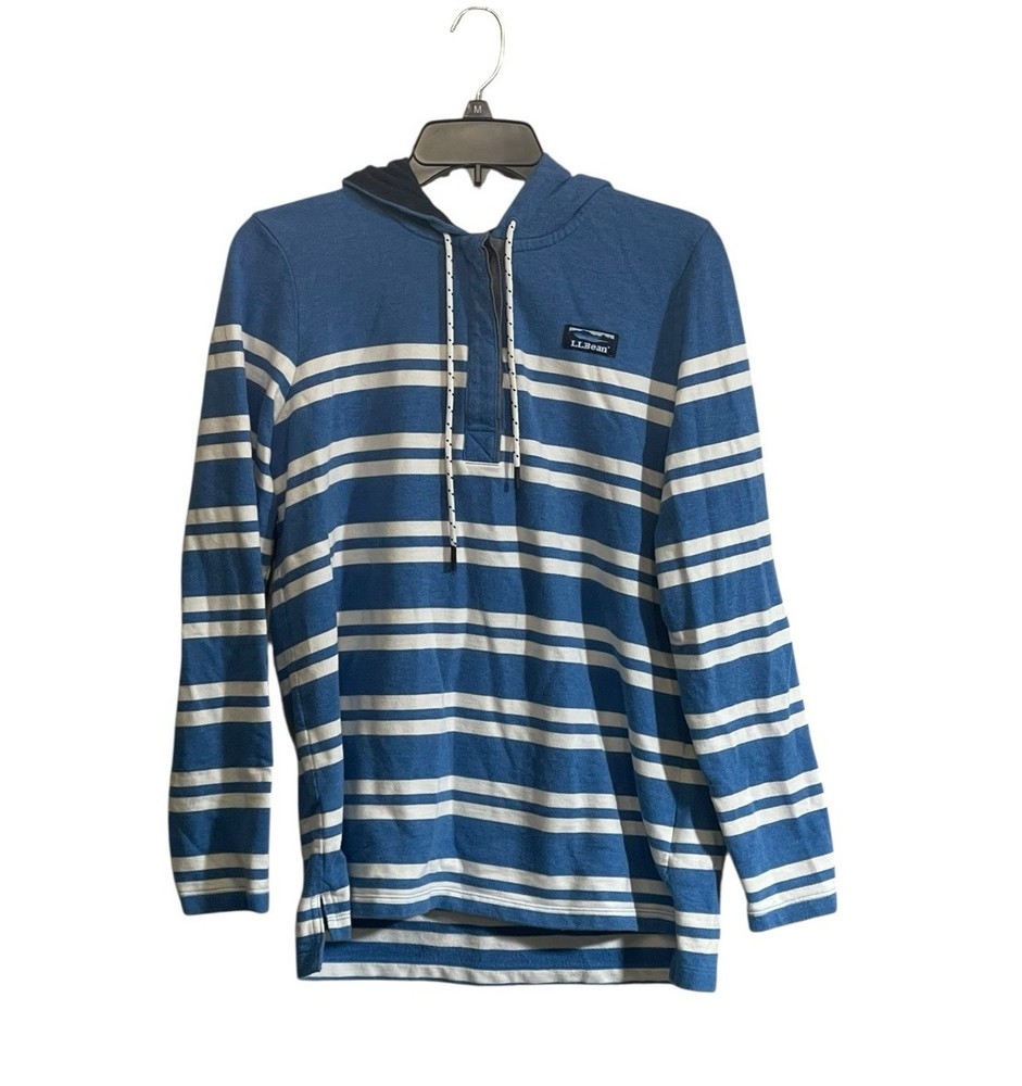 LL BEAN Shirt Womens Med Hoodie Blue Soft Cotton Rugby Henley Stripe Pullover