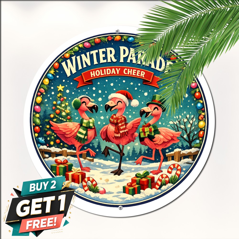 Festive Flamingo Christmas Round Tin Sign Tropical Holiday Porch Wall Decor
