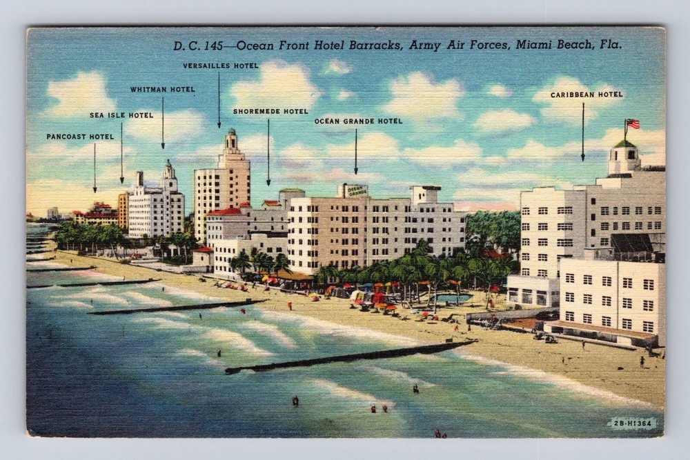 Miami Beach FL-Florida, Ocean Front Hotel Barracks, Vintagecard