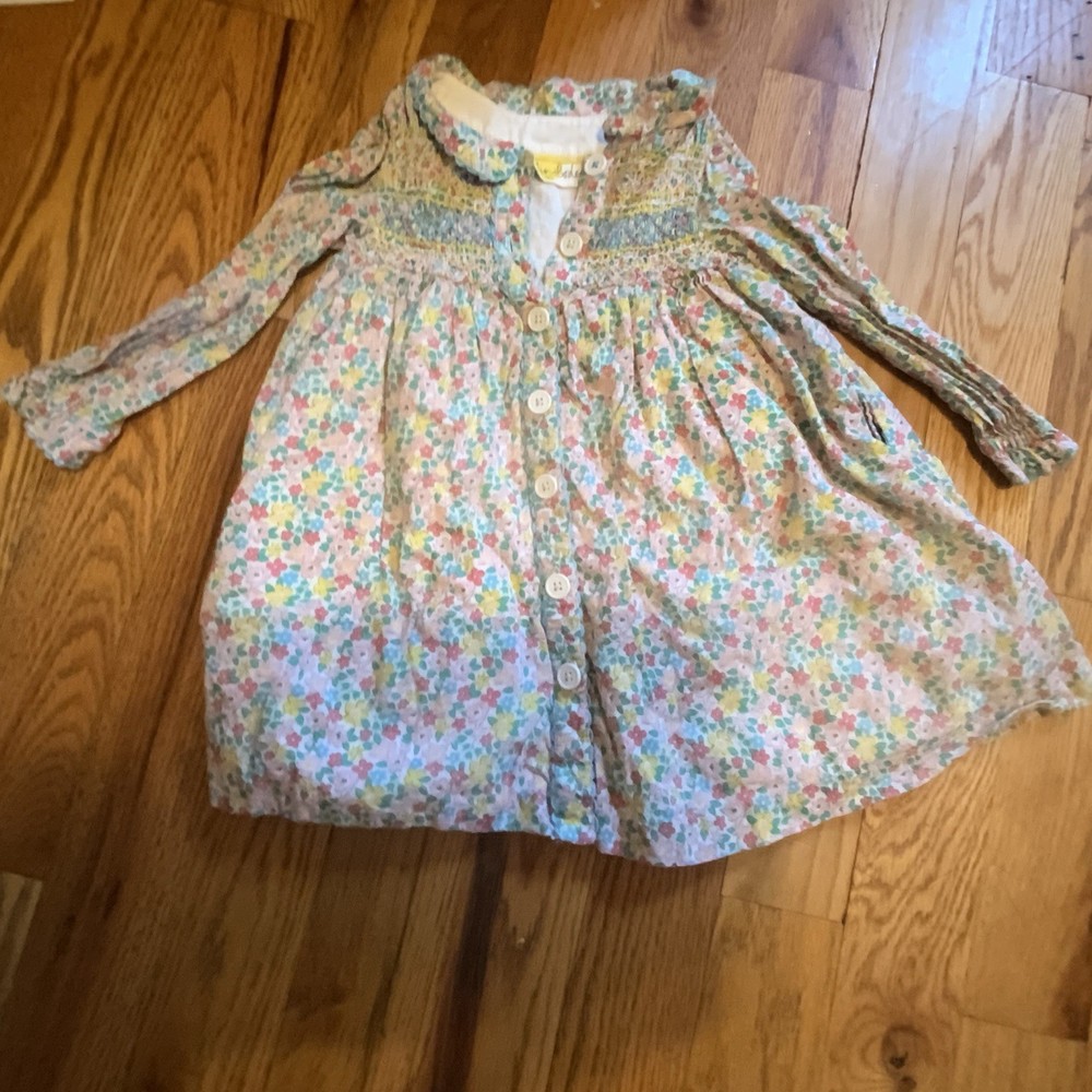 Mini Boden Girls Floral 100% Cotton Long Sleeve Button Front Dress 3-4Y