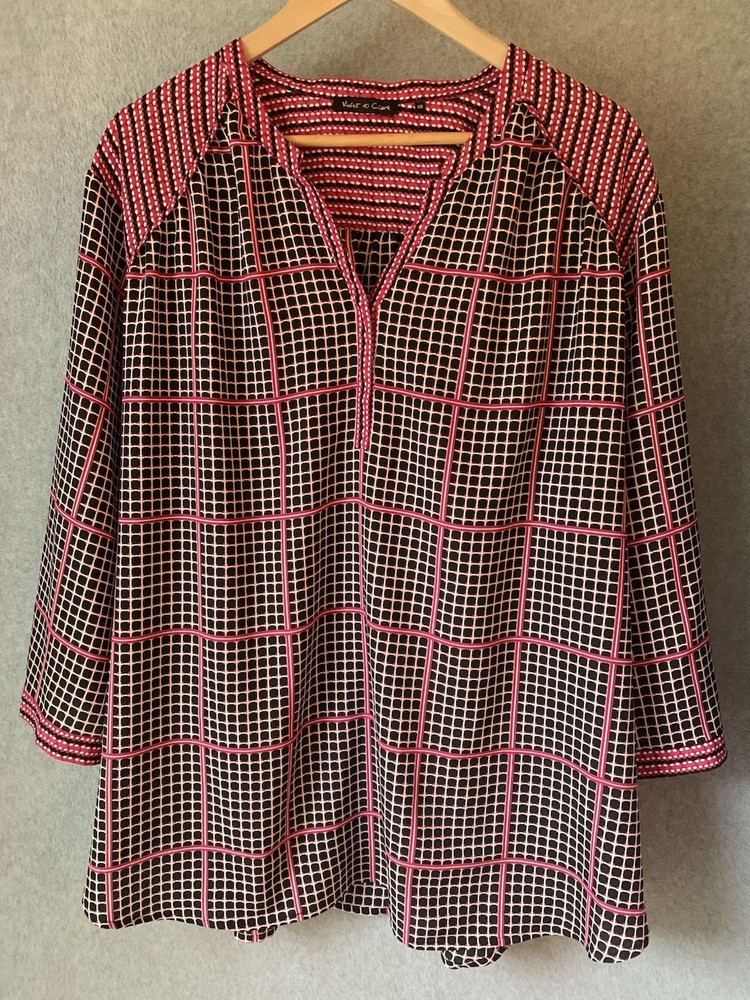 Violet & Claire Womens Top Blouse Sz 3X Pink Grid Tunic V Neck Flowy Office