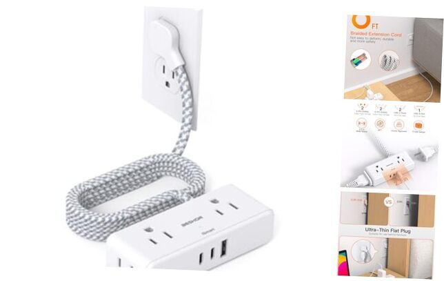 Flat Extension Cord 6 feet, Flat Plug Power Strip, 4 Widely Outlets 6FT White