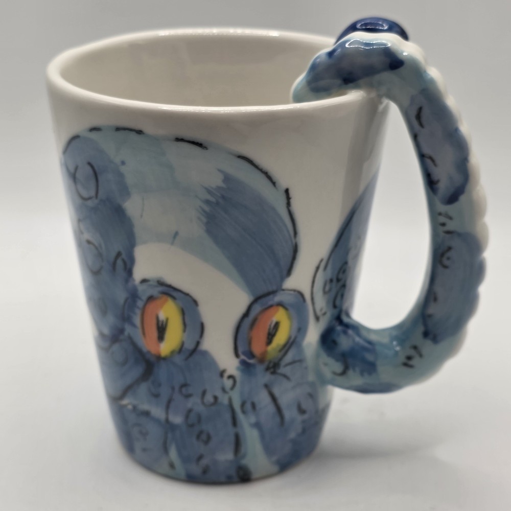 Hand Painted Sea Creature Octopus Tentacle Handle Coffee Mug Blue White
