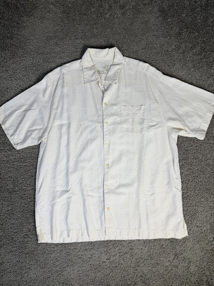 Tommy Bahama Shirt Mens XL White Embroidered Silk Short Sleeve Button Up Casual