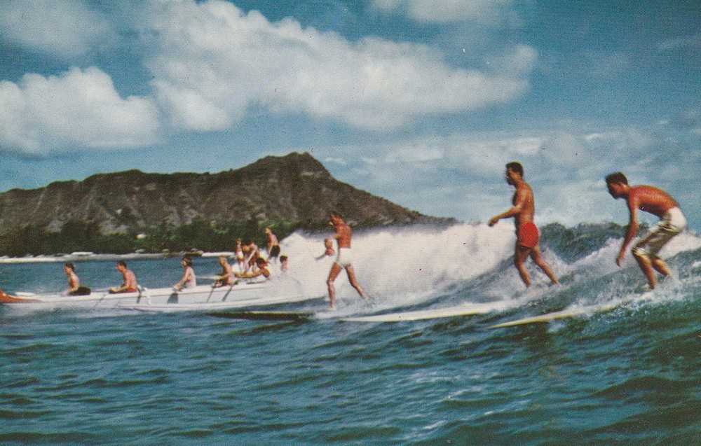 Surfing and Canoeing at Waikiki Beach and Diamond Head Hawaii Postcard A8137