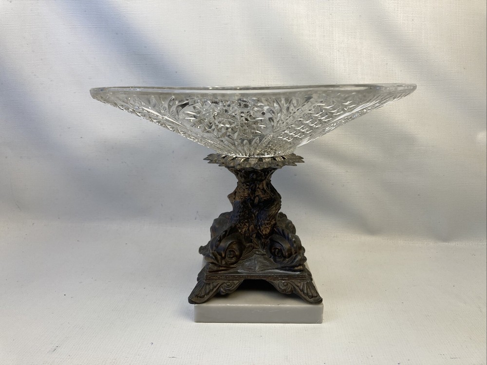 Vintage MCM Cut Glass Pedestal Compote Bowl with Marble & Metal Base by Accurate Casting Co-image
