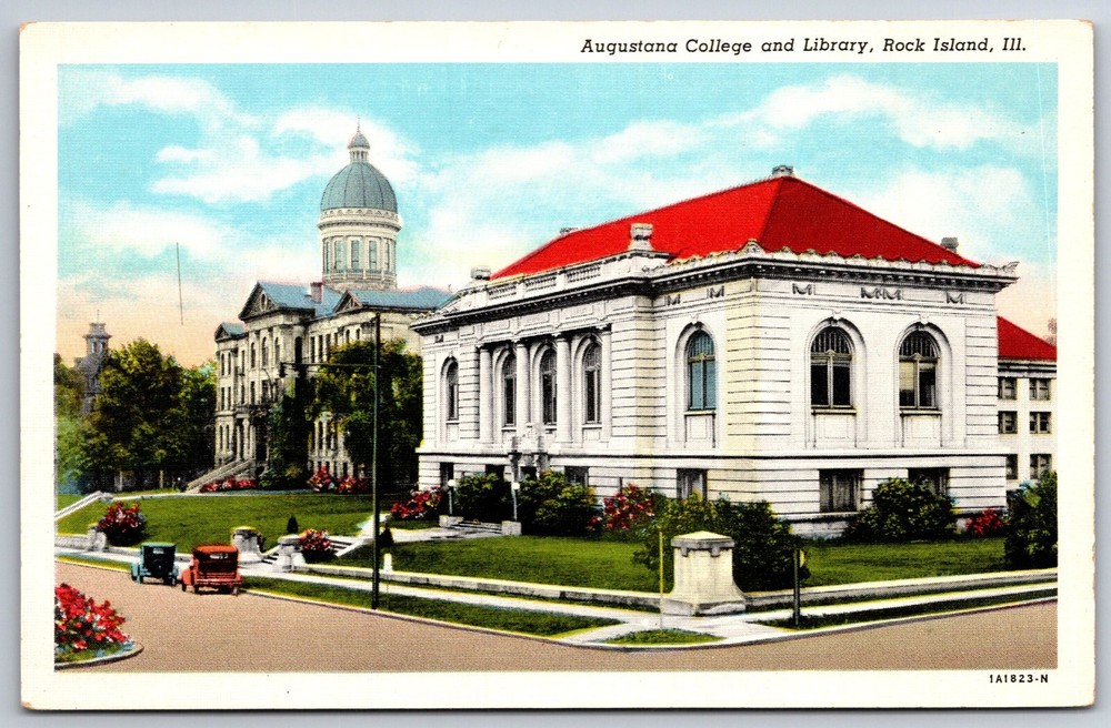 Rock Island Illinois~Augustana College & Library Street View~Vtg Linen Postcard