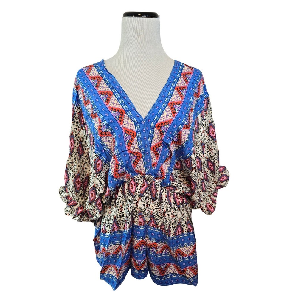 Umgee USA Womens Blue Coral Geometric Print Boho Top V-Neck Size M K3338 NEW