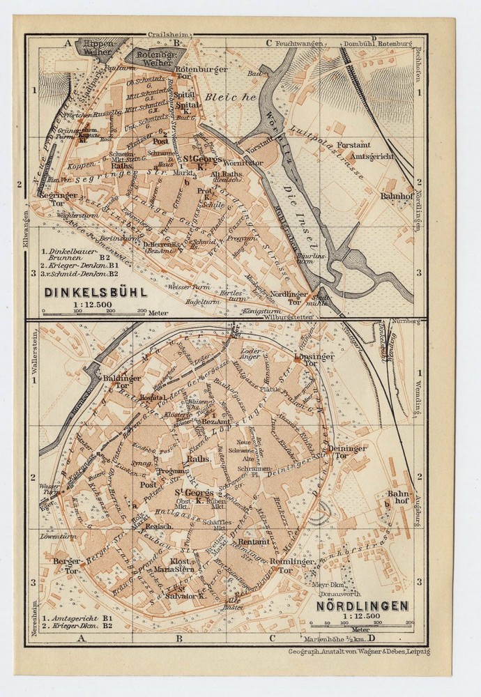 1910 Original Antique Map Of Nördlingen And Dinkelsbühl Bavaria Bayern / Germany