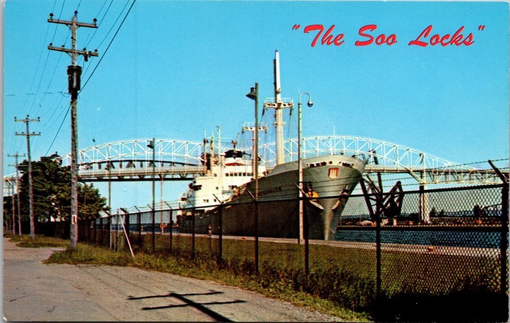 The Soo Locks-Sault Ste. Marie, Michigan, Freighter Vintage Postcard c1964