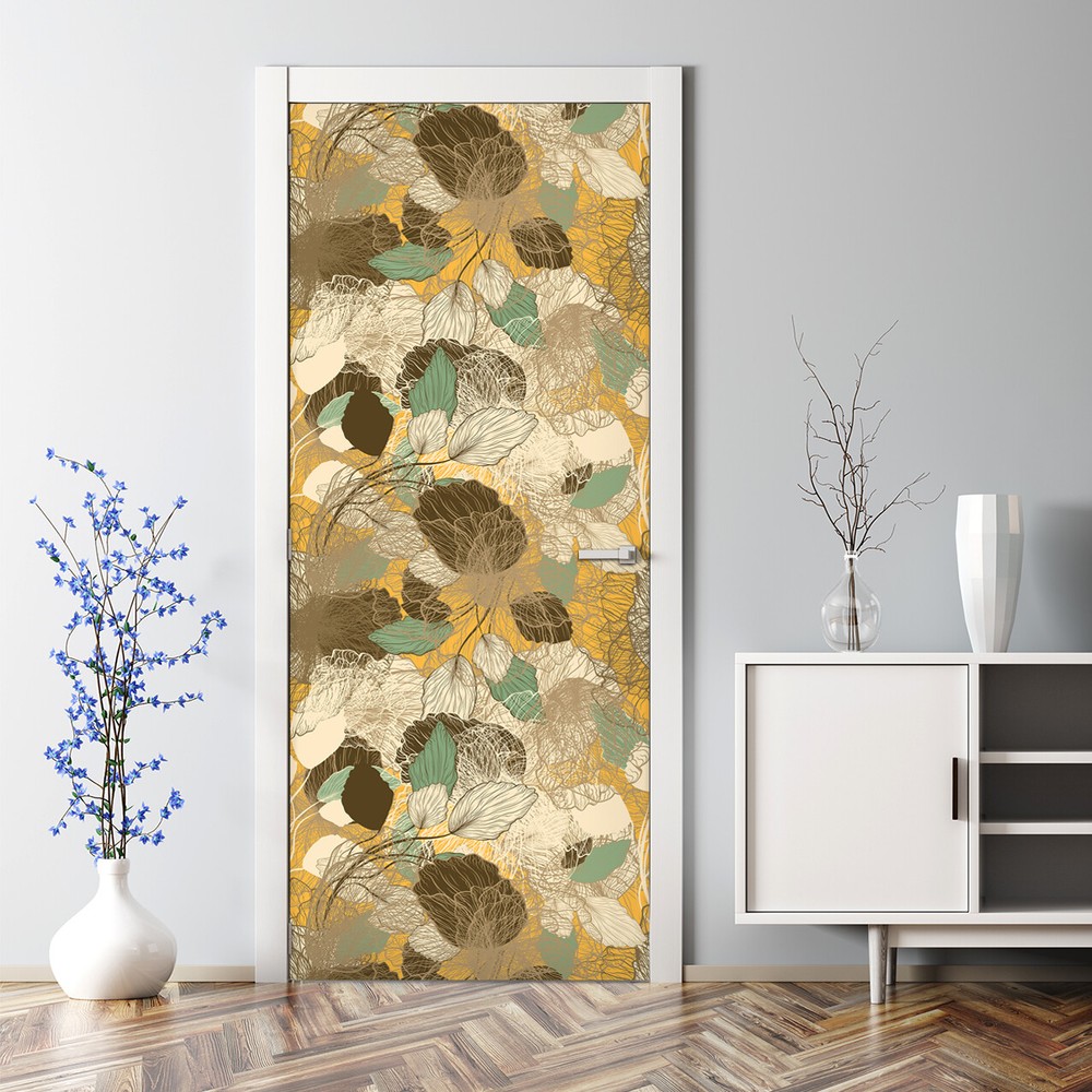 Abstract Floral self-adhesive golden brown white and green Door Decal reusable