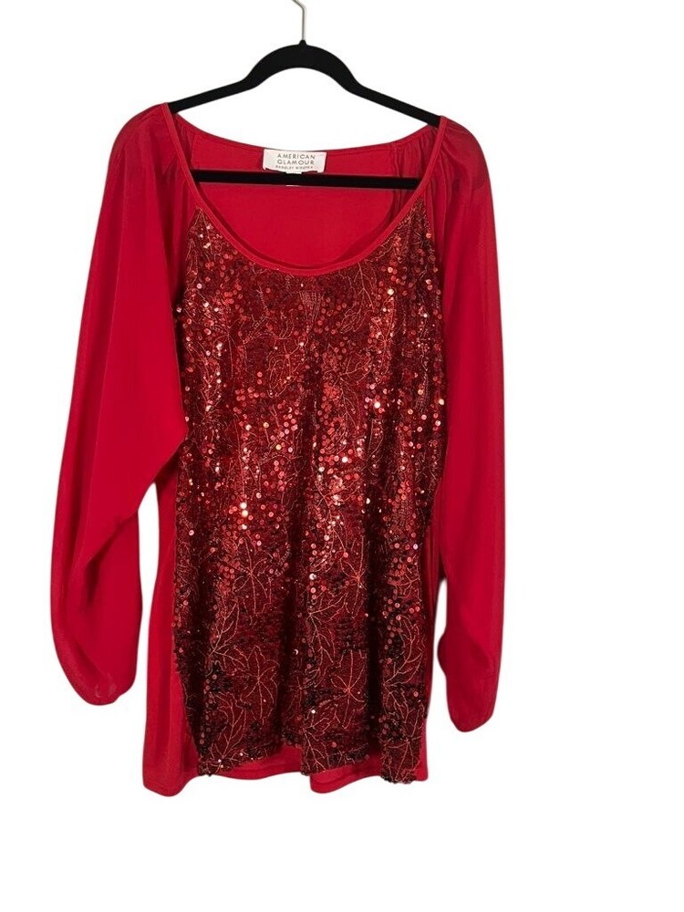 Badgley Mischka 1X Red Sequin Sparkly 80s Festive Round Neck Pullover for Women
