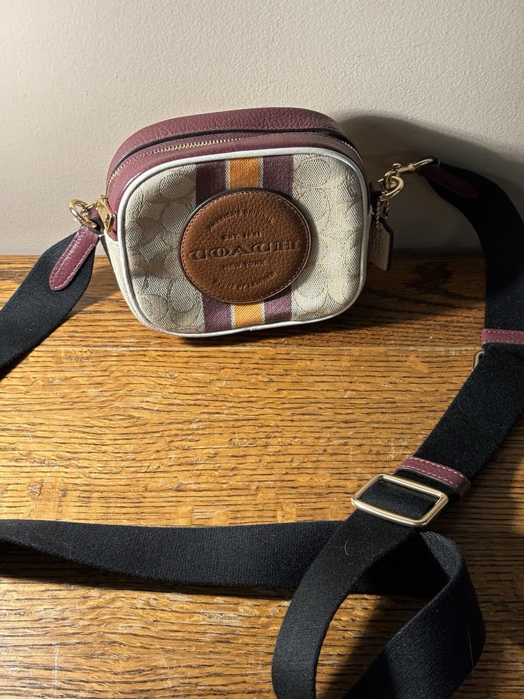 Coach Tan Mini Dempsey Camera Bag In Signature Jacquard With Stripe, Coach Patch