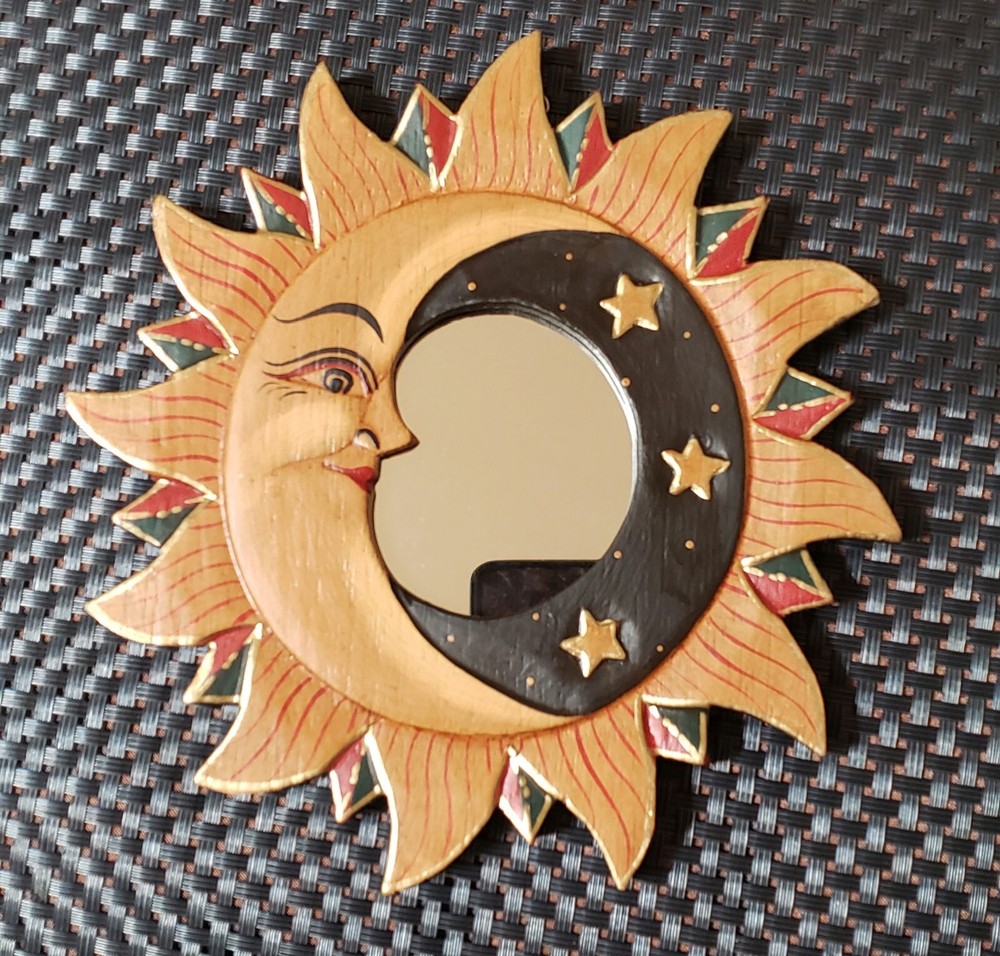 WALL MIRROR, (SUN, MOON), (Small), Hand Carved, WOOD, GOLD Multi, 8