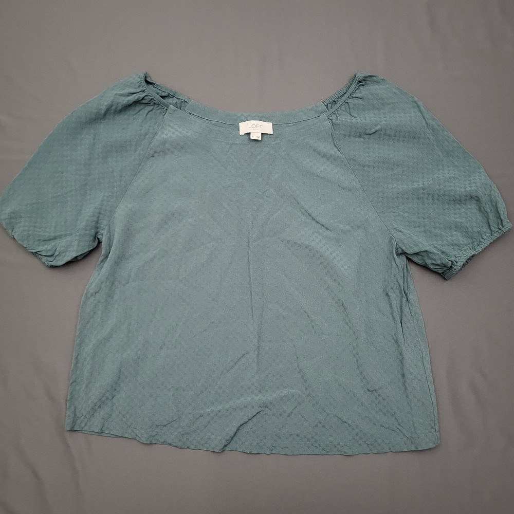 Loft Blouse Womens Medium M Short Off Shoulder Puff Sleeve Pullover Green