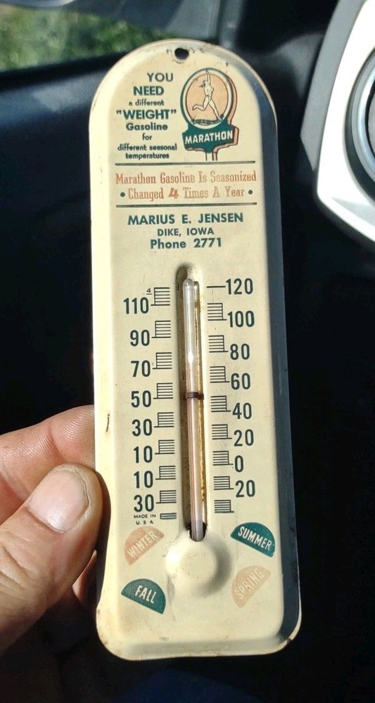 Vintage Original Marathon Gasoline Metal Advertising Thermometer 2