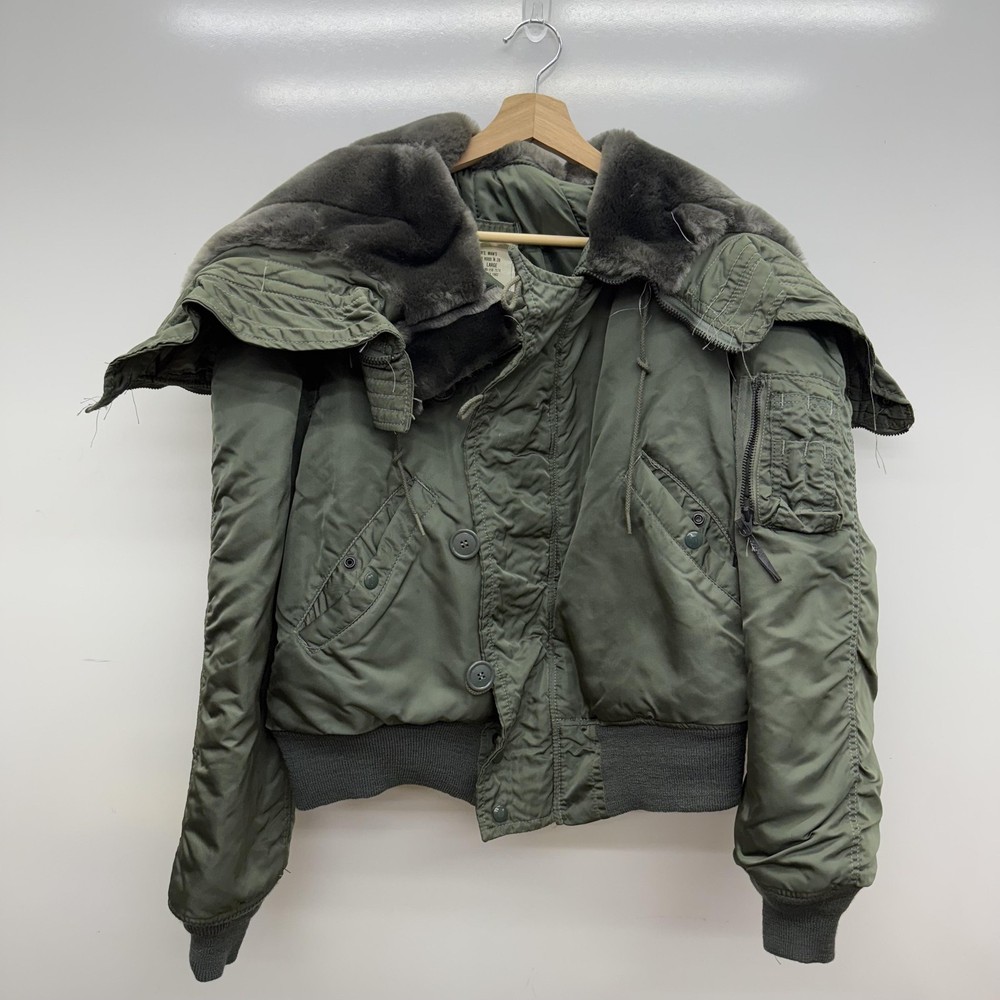 Vintage Alpha Industries N-2B Flight Jacket Mens Large Green Parka Fur Hood 80s
