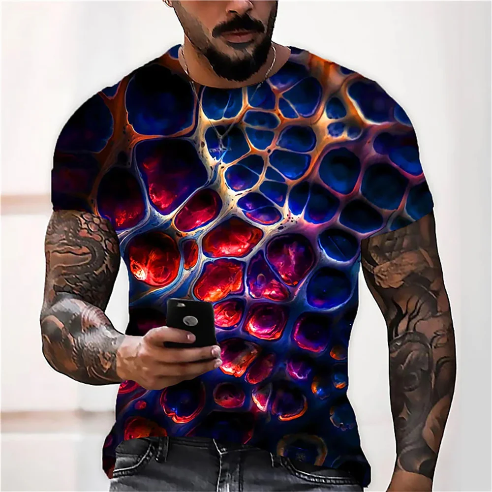 Men’s 3D Hexagonal Pattern Graphic Tee Unique Abstract Design Short Sleeve Shirt-image
