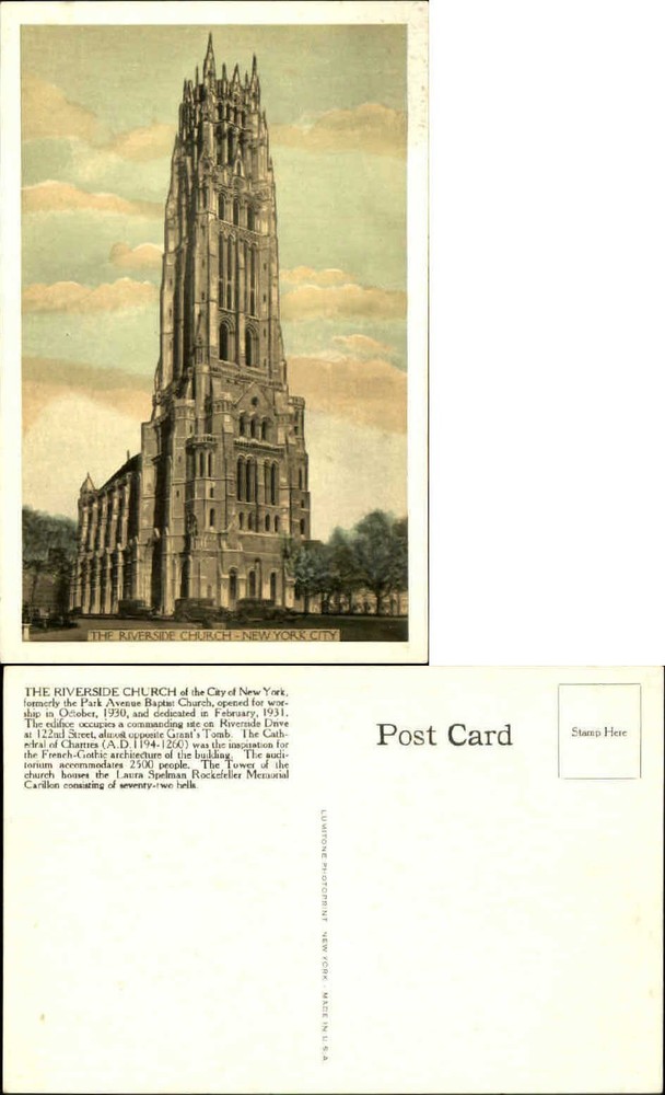Riverside Church of City of New York City NY unused vintage postcard