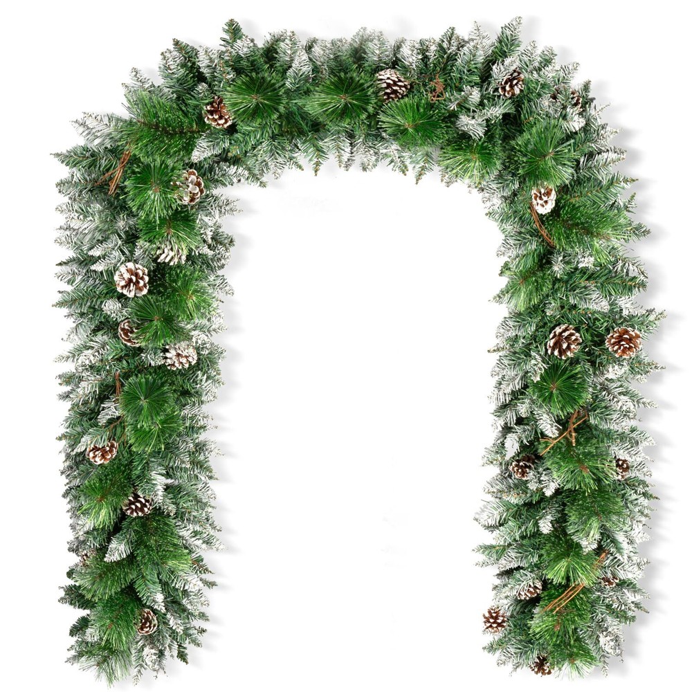 9FT Snowy Artificial Christmas Garland with 100 Warm White LED Lights, Pine C...