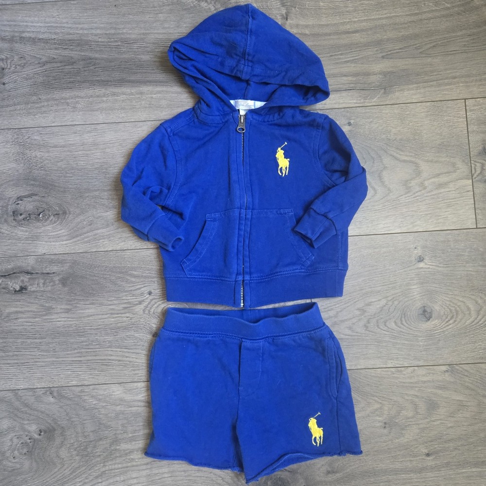 Ralph Lauren Baby Blue Hoodie & Shorts Set 12M Spa Terry Big Pony Logo Outfit