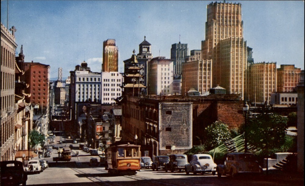 San Francisco California Cable Car skyscrapers 1940s cars vintage postcard