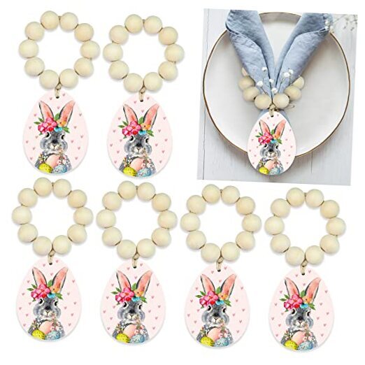 QNNEFF 6 Pieces Easter Napkin Rings Easter Bunny Napkin Rings Wood Beads